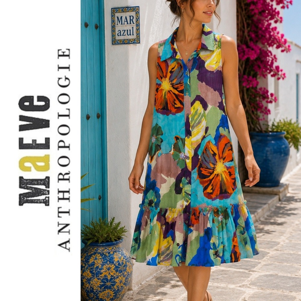Maeve, Anthropologie, Floral Sleeveless Button Front Ruffle Hem Mini Dress Small